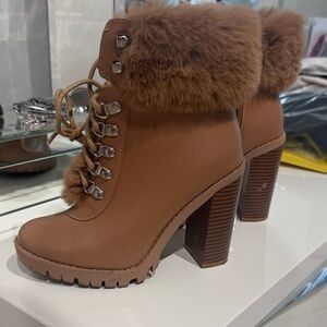 BCBG Brown Faux Fur Lace-Up Chunky Heel Ankle Boots